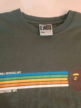 BAPE A Bathing Ape Forest Green Tee with Multicolor Retro Stripes